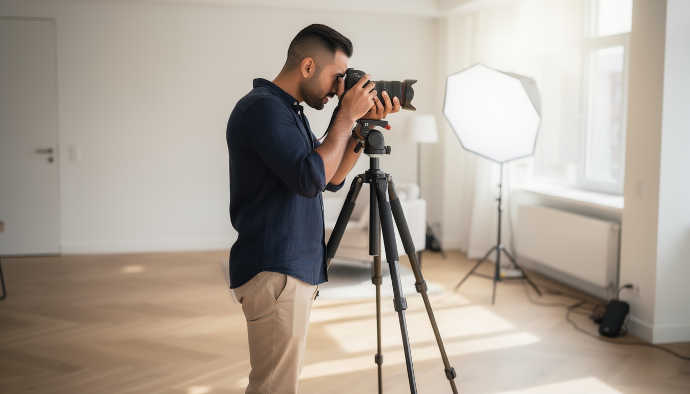 Ömer Nazlım fotografiando un interior con equipo profesional