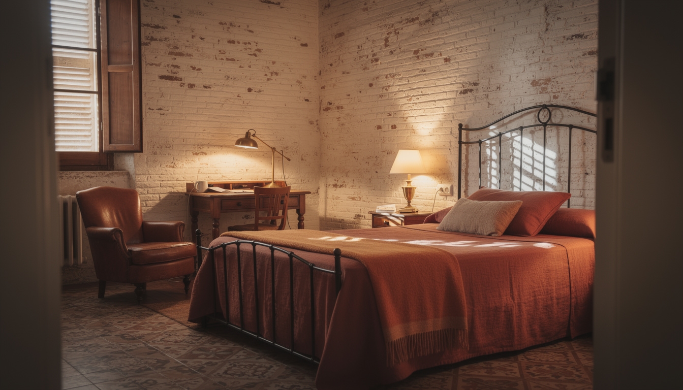 Habitación de hotel boutique fotografiada con iluminación cálida y composición cuidada